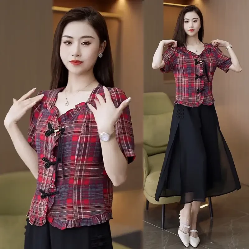 格子衬衫女款外穿短袖国风清凉冰感遮肉显瘦盘扣新中式短款上衣夏