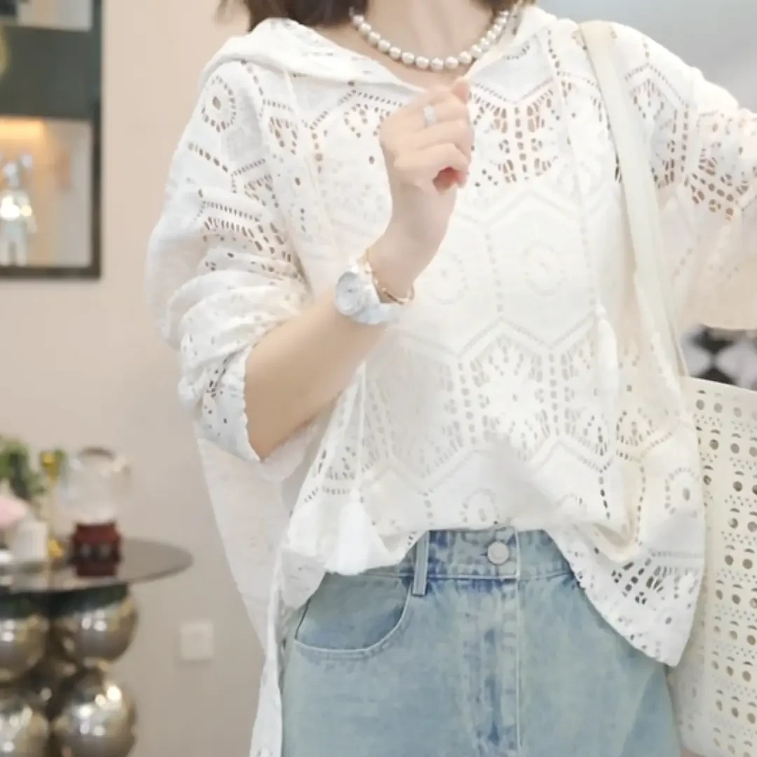 镂空钩花针织帽衫2025春季新款时尚设计感气质长袖连帽上衣女