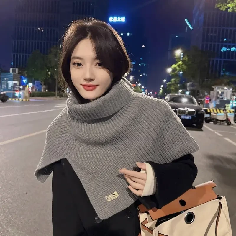 时尚开叉高领披肩女秋冬季韩版百搭针织围巾防寒保暖套头围脖s