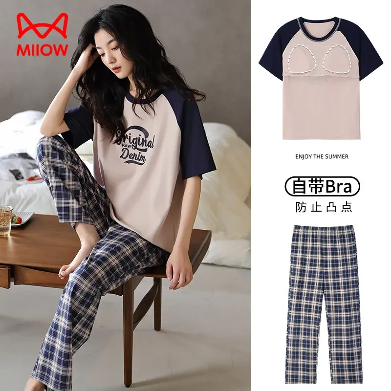 猫人睡衣女套装夏季纯棉短袖圆领休闲套装大码宽松家居服可外出