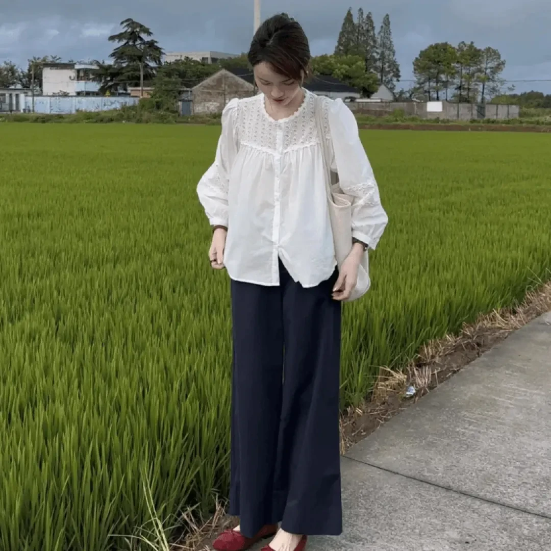 2025夏季女装钩花镂空蕾丝拼接衬衫休闲时尚显瘦高腰阔腿裤两件套