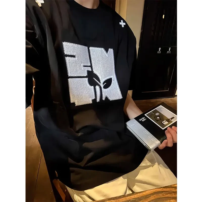 vintage发芽计划刺绣黑色T恤男款夏季hiphop高街小领口情侣半截袖