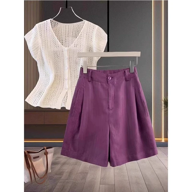 紫色大码亚麻休闲短裤女夏季薄款小个子高腰显瘦宽松阔腿五分裤