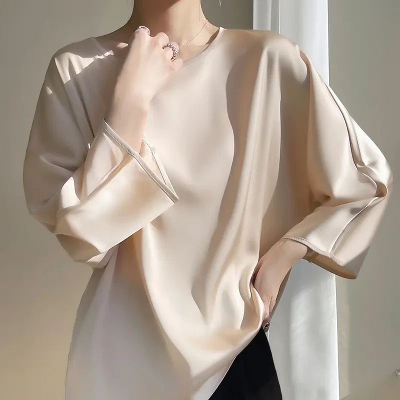 夏季圆领垂感七分袖时尚韩版春季上衣女宽松显瘦法式气质洋气打底