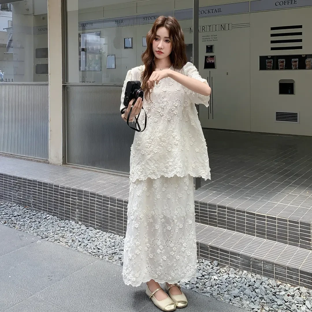 夏季ootd减龄一整套女韩系甜美可爱立体花朵上衣半身裙洋气两件套