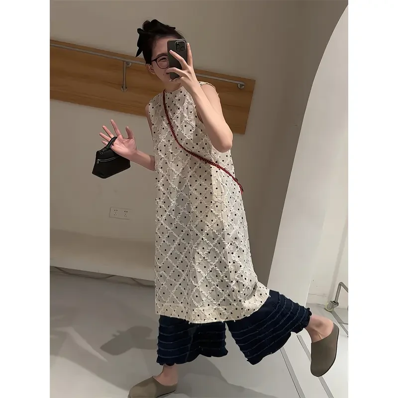 夏季白色波点中长款背心裙小香风连衣裙条纹毛边牛仔裤直筒宽松裤