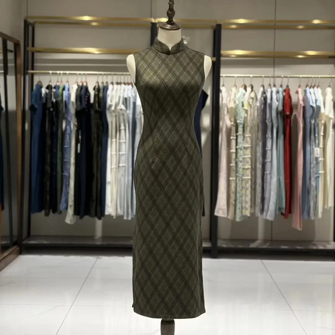 复古风气质包臀裙女士无袖无扣修身旗袍新中式格纹