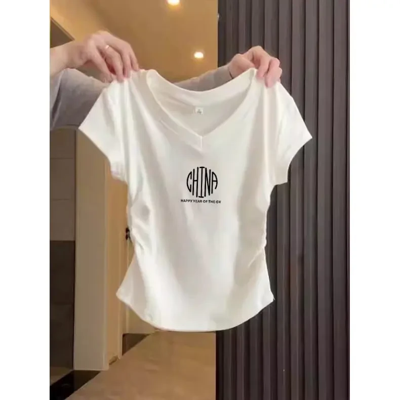 小众设计感正肩V领短袖t恤女侧边褶皱收腰修身显瘦白色上衣夏季