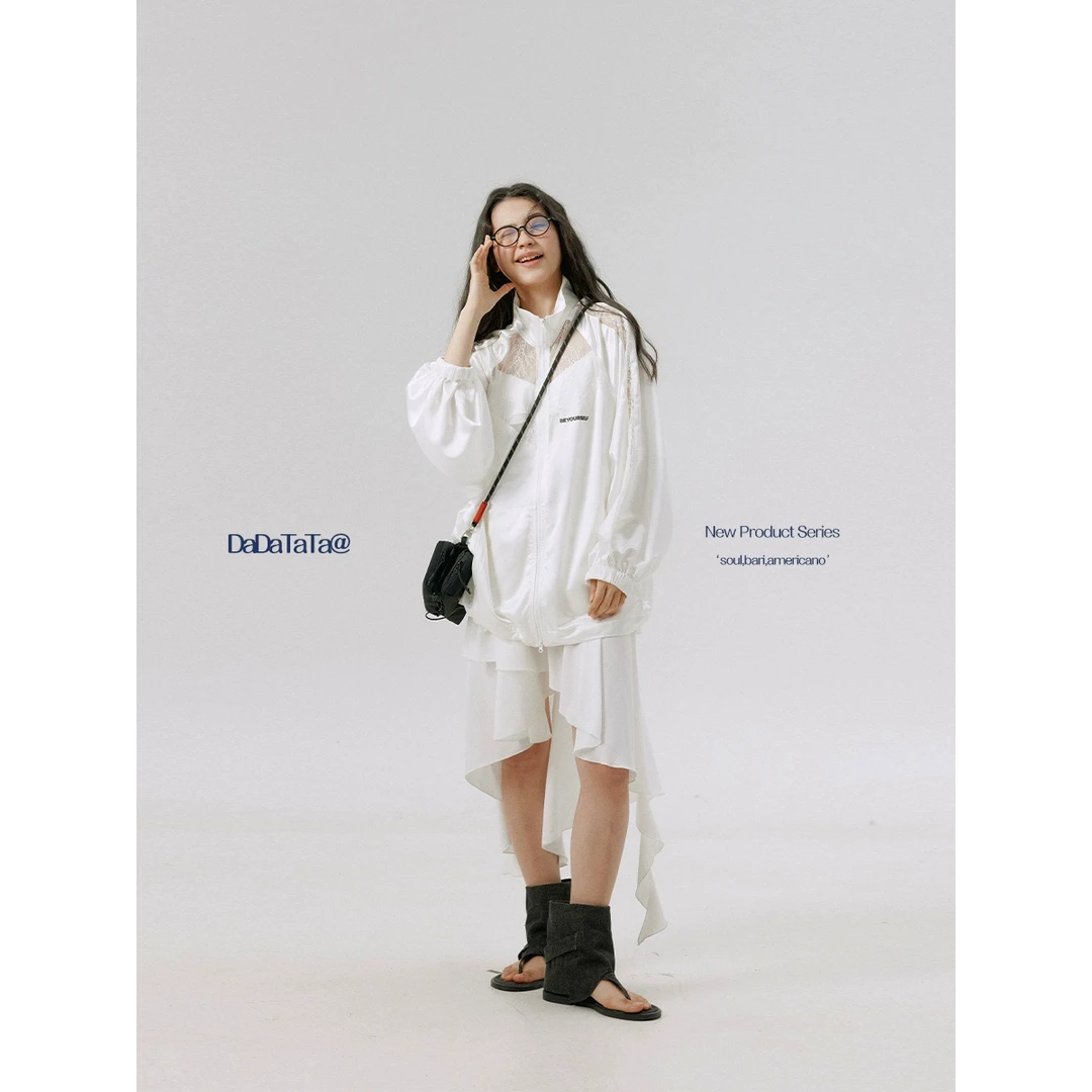 DADATATA白标珠光面料拼蕾丝微胖女生设计感春装大码外套
