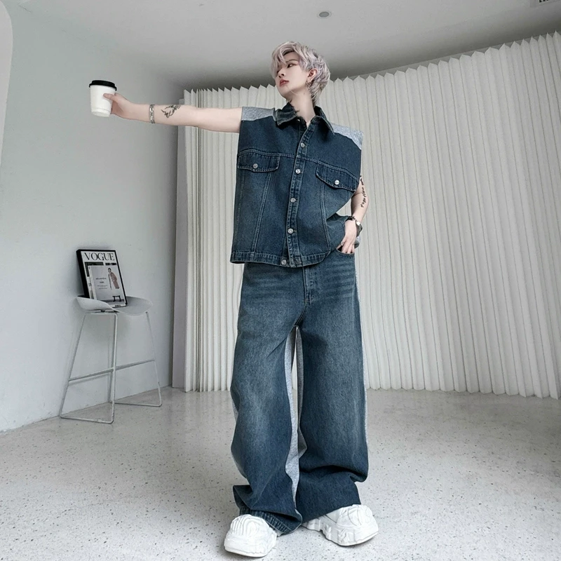 夏季美式高街撞色拼接牛仔马甲套装男设计感阔腿长裤网红两件套潮