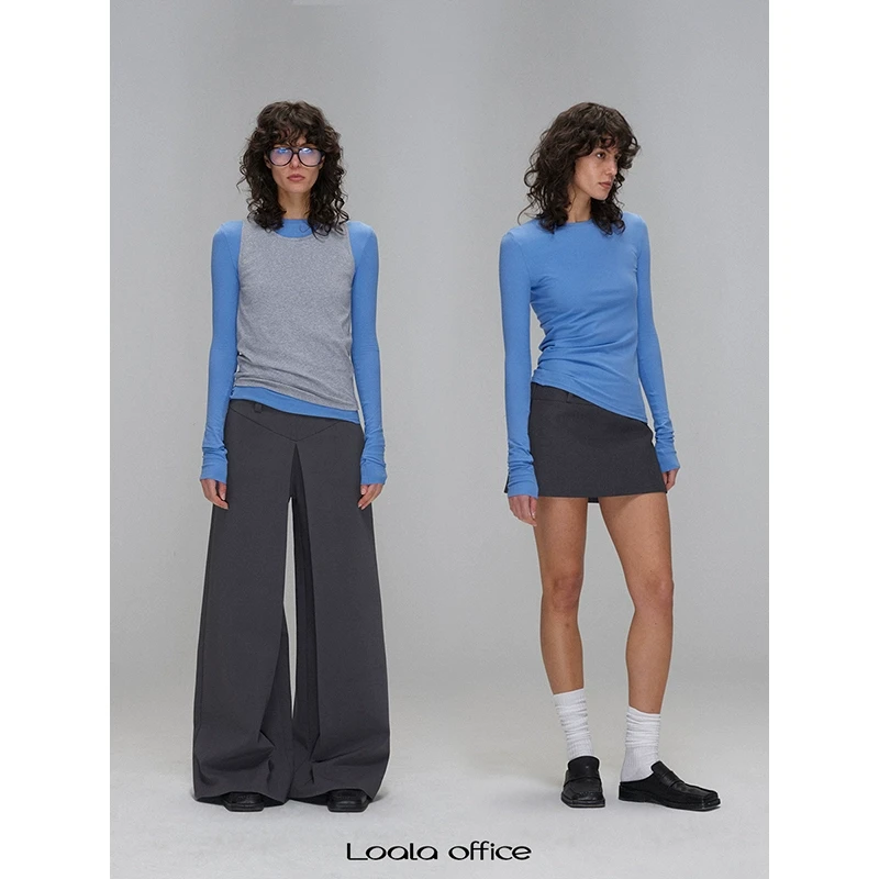 Loala office 层次撞色叠穿背心长袖两件套上衣