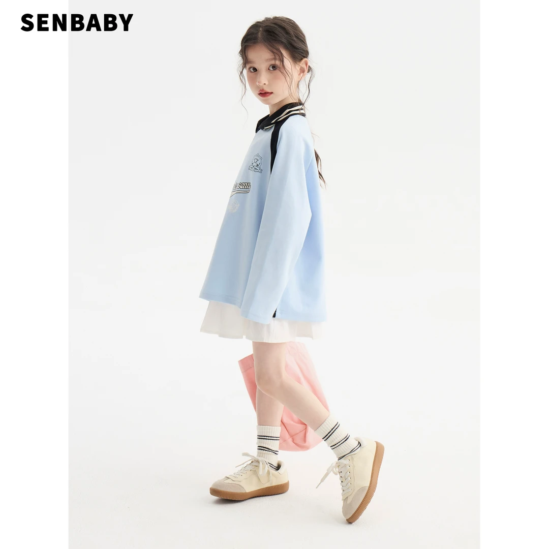 【现货】senbaby童装女童撞色棒球衫2025春韩版美式上衣棒球领T恤