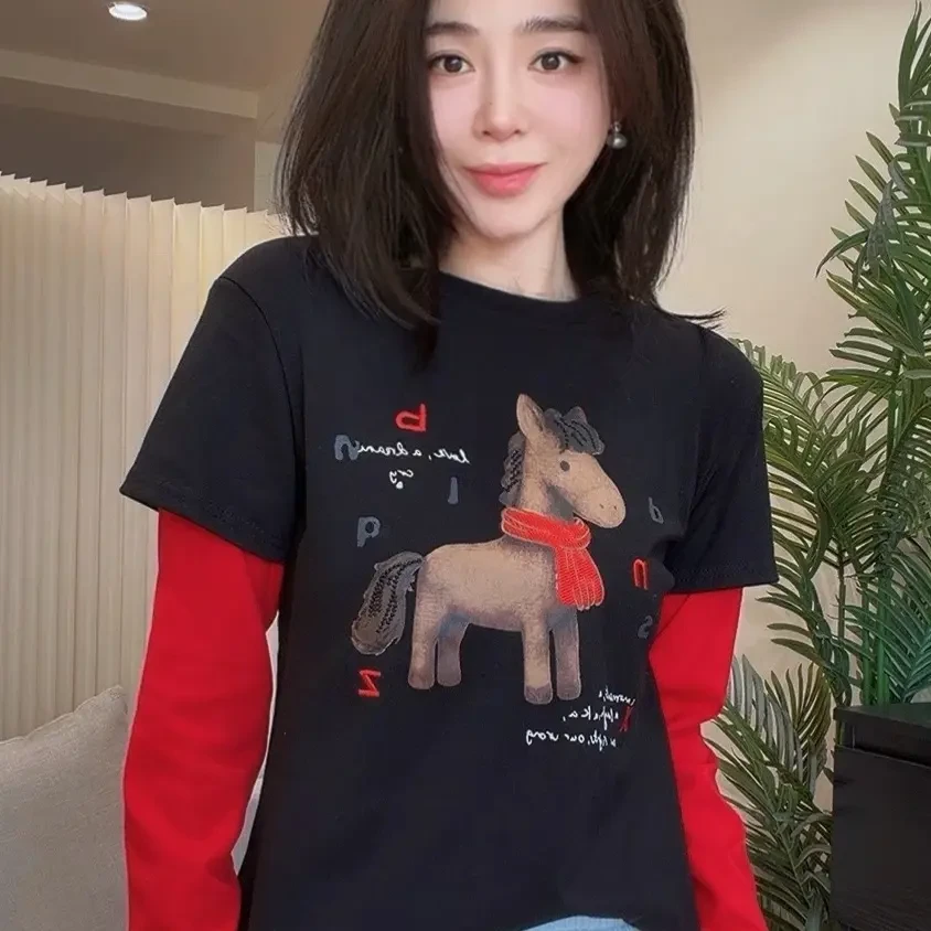 韩版卡通小马图案拼接假两件长袖冬季时尚洋气百搭T恤黑色女上衣