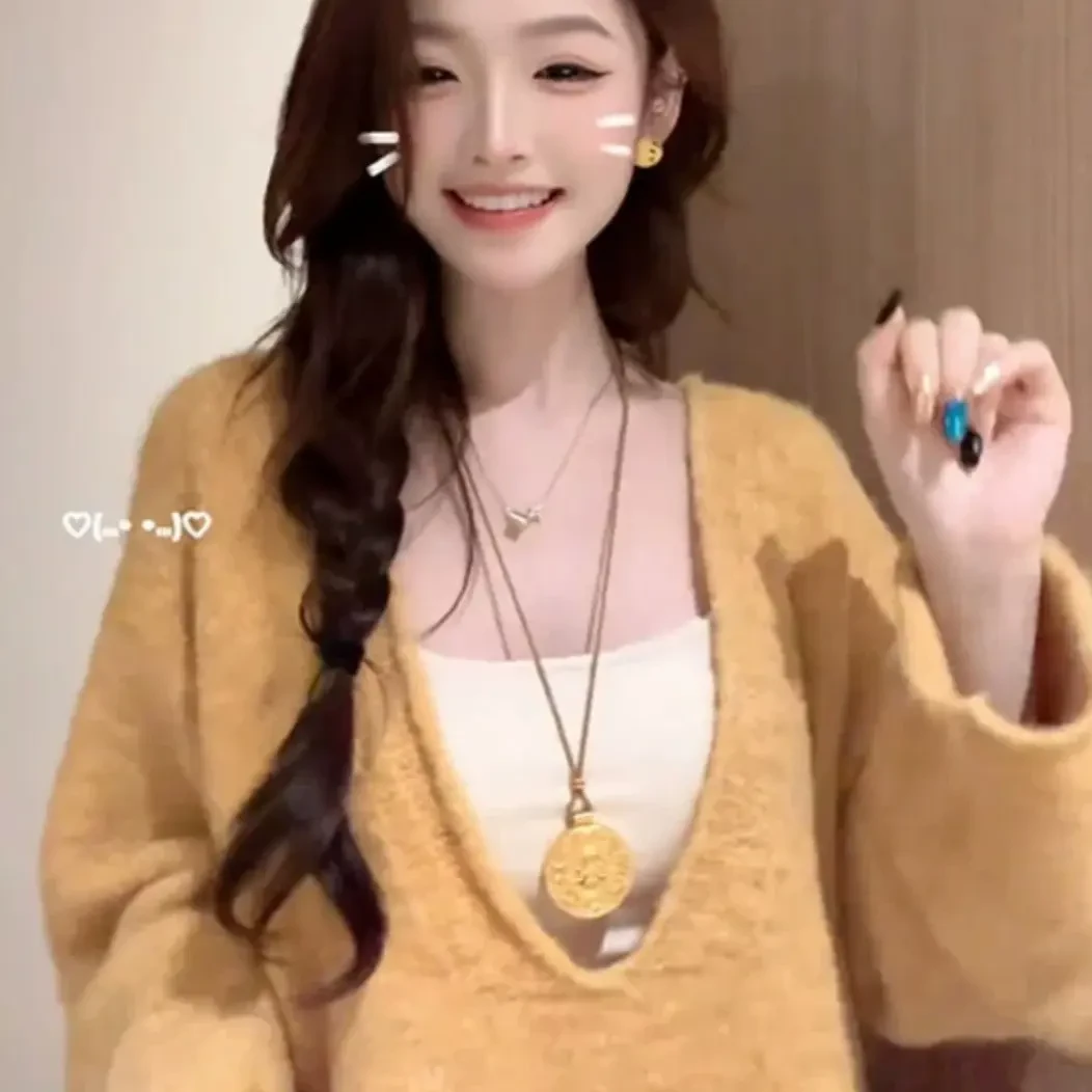 慵懒风针织长袖宽松灯笼袖上衣毛针织衫纯色温柔冬季