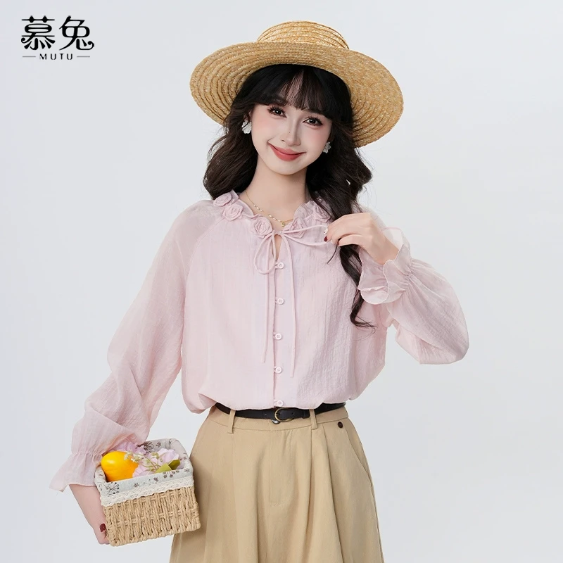 慕兔法式粉色立体花朵系带衬衫女2025春季新款设计感小众长袖上衣