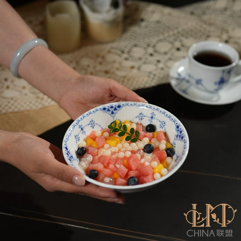 联盟陶瓷景德镇唐草碗青花瓷饭碗汤碗高温釉下彩唐草餐具网红款