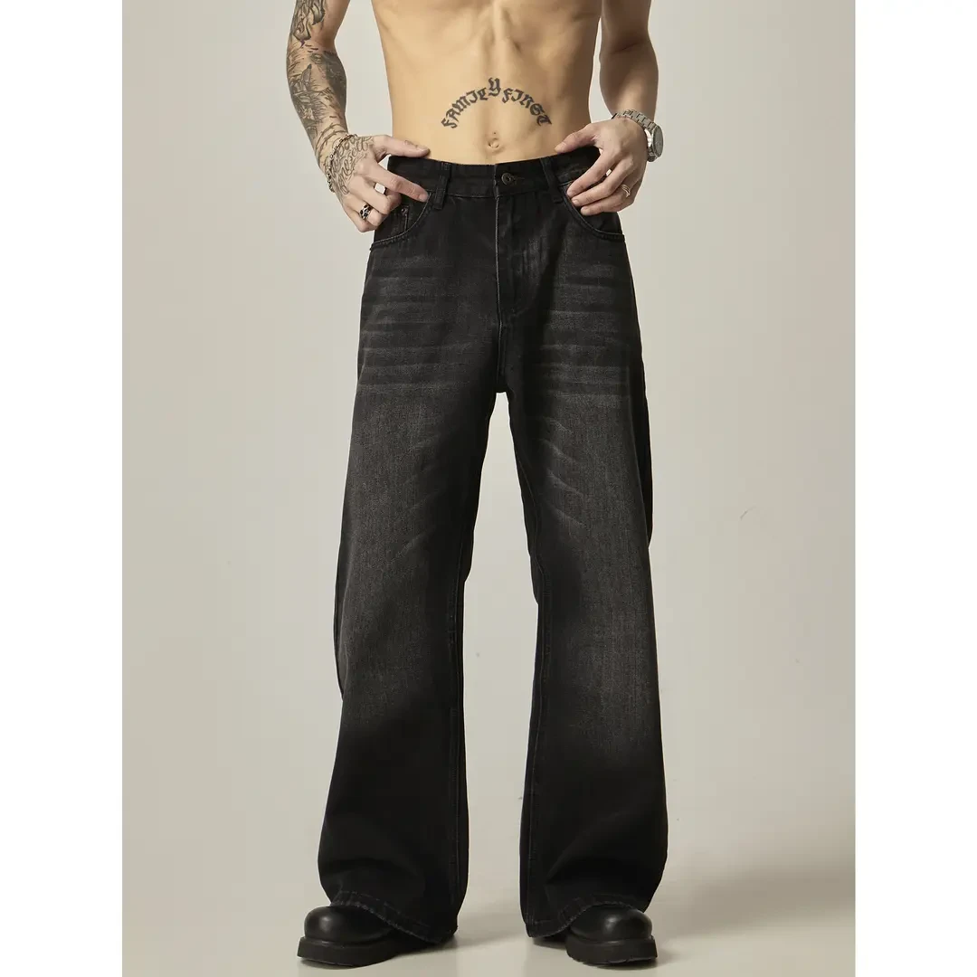 美式直筒cleanfit牛仔裤黑色宽松休闲款猫须水洗简约磨白长裤男装