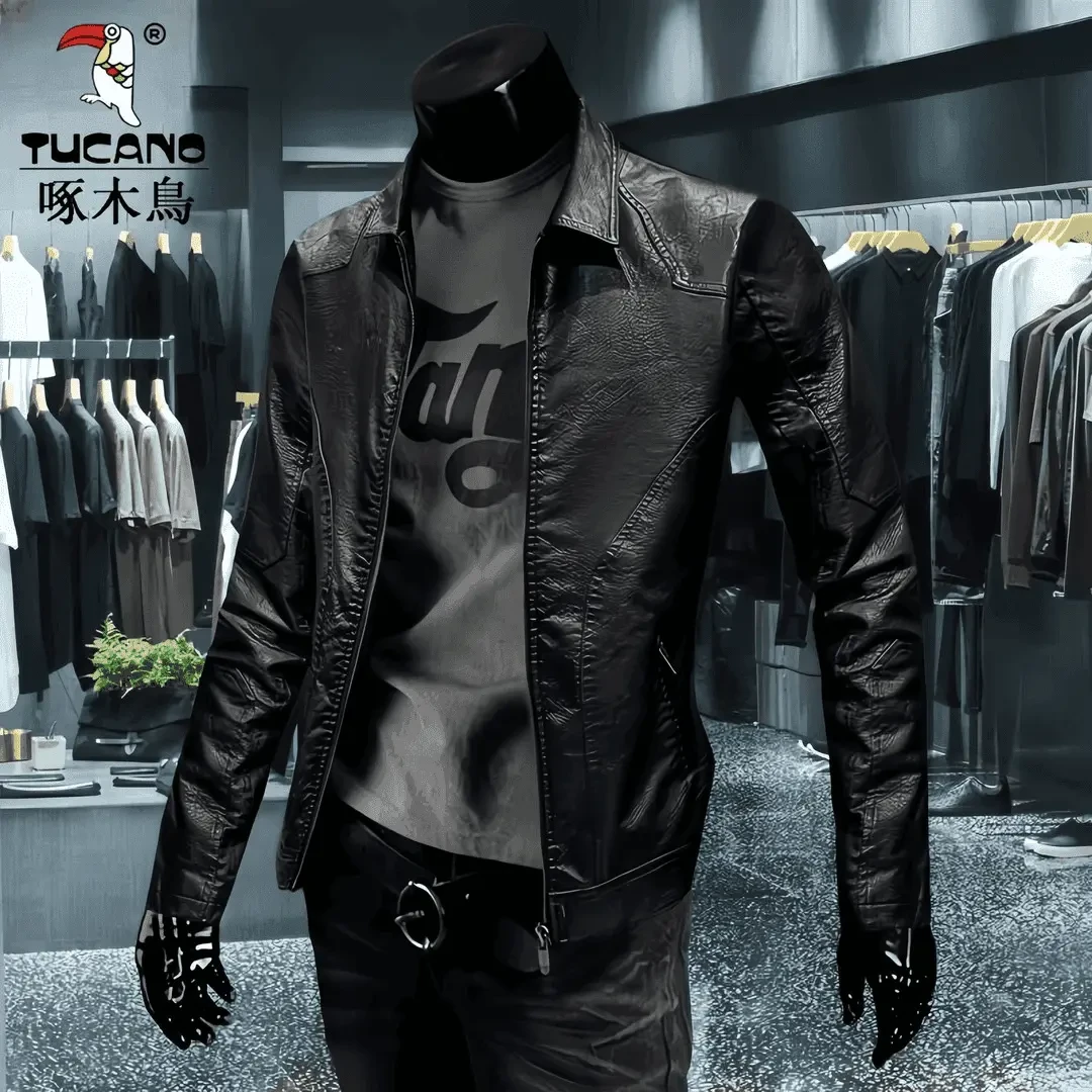 啄木鳥海宁皮衣男士翻领修身机车痞帅时尚休闲帅气外套潮流短款
