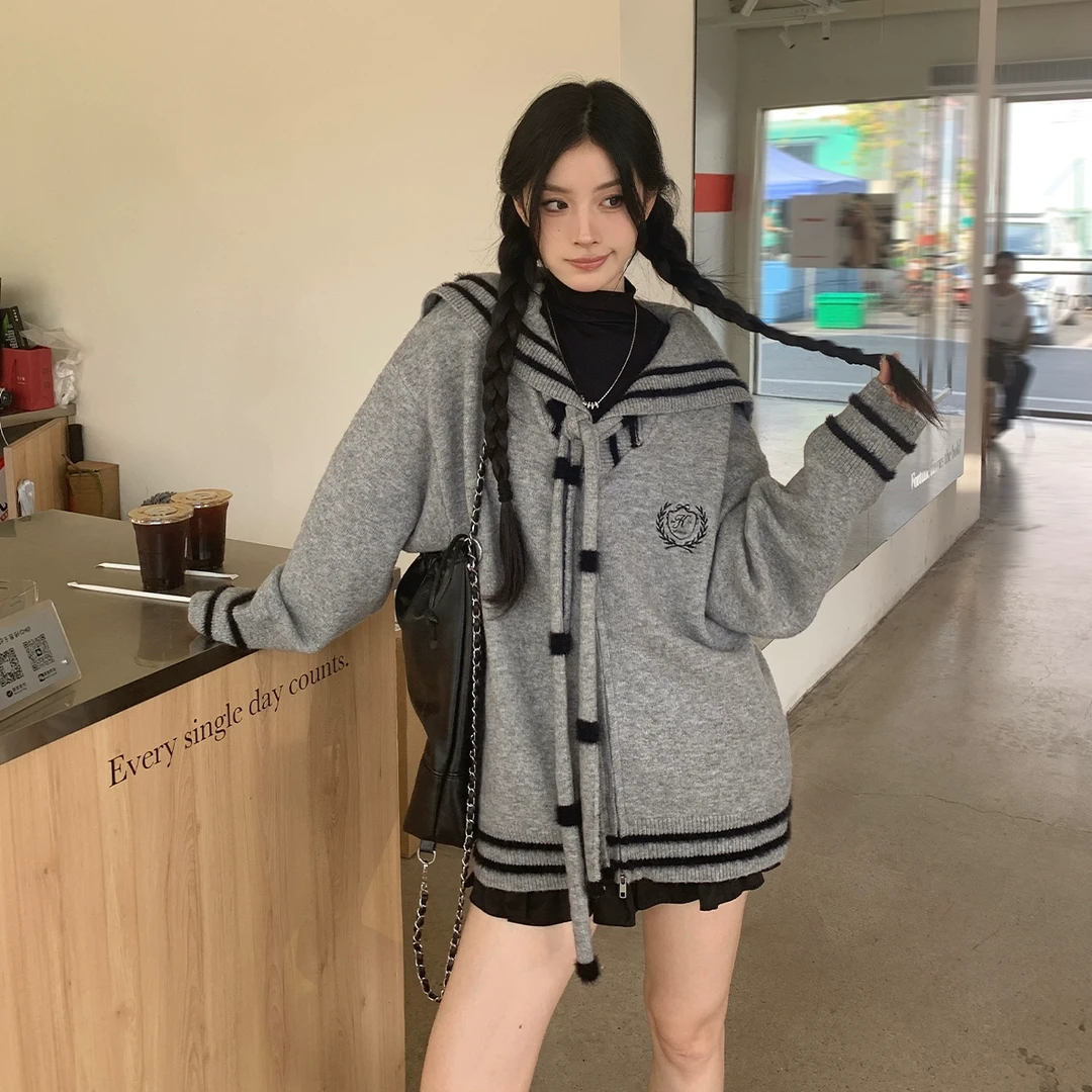 【吵吵家】海军领拉链毛织开衫女设计感小众41667