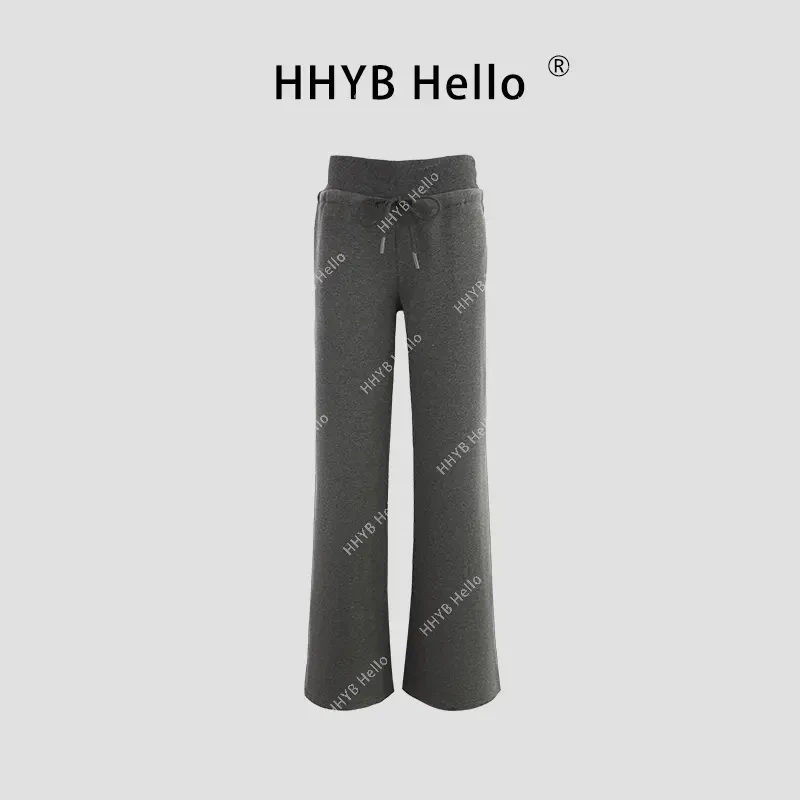 HHYB Hello内里磨毛宽腰头抽绳休闲卫裤拖地直筒拖地长裤Q244278