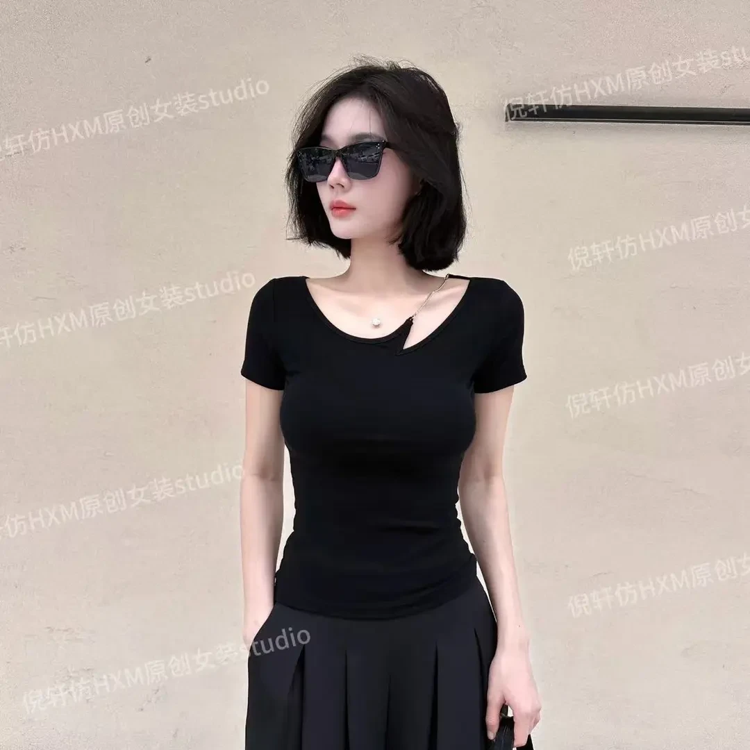 夏季新款小众设计感不规则薄款短袖T恤修身显瘦时尚百搭上衣9998