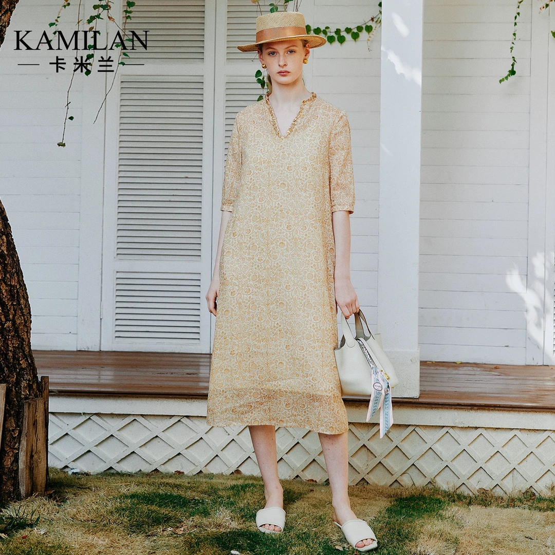 [苎麻]卡米兰苎麻连衣裙女2025春夏新款中长款五分袖印花A字裙