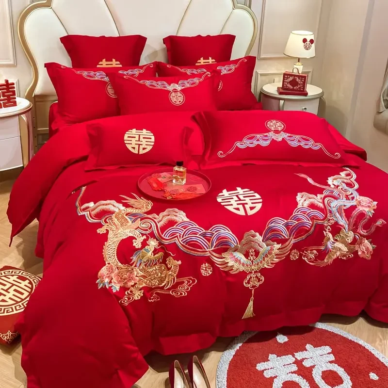 富安娜家纺新中式大红色龙凤刺绣全棉婚庆四件套红色纯棉床上用品