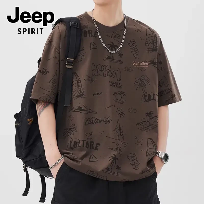 JEEPSPIRIT吉普 短袖T恤男士夏季百搭宽松印花圆领休闲款体