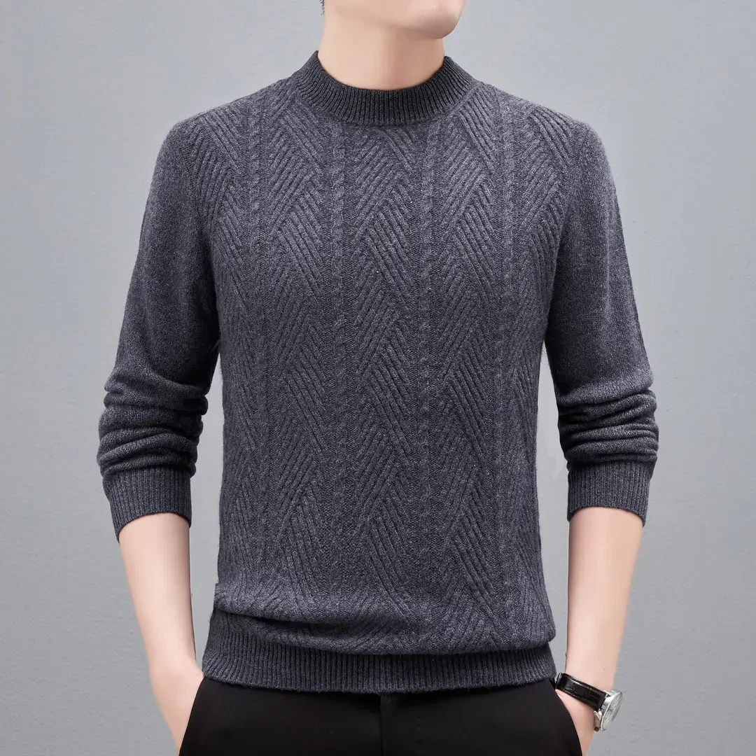 高档全羊毛衫男秋冬季扭花加厚半高领加绒针织打底衫保暖休闲时尚