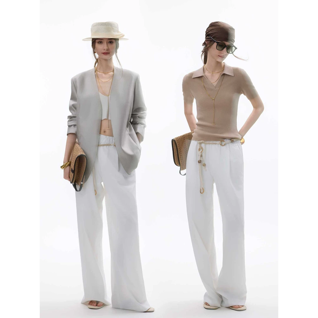 ANNASPEAK时髦CHIC风 呼吸感空气裤醋酸垂坠弹力腰头叠褶直筒长裤