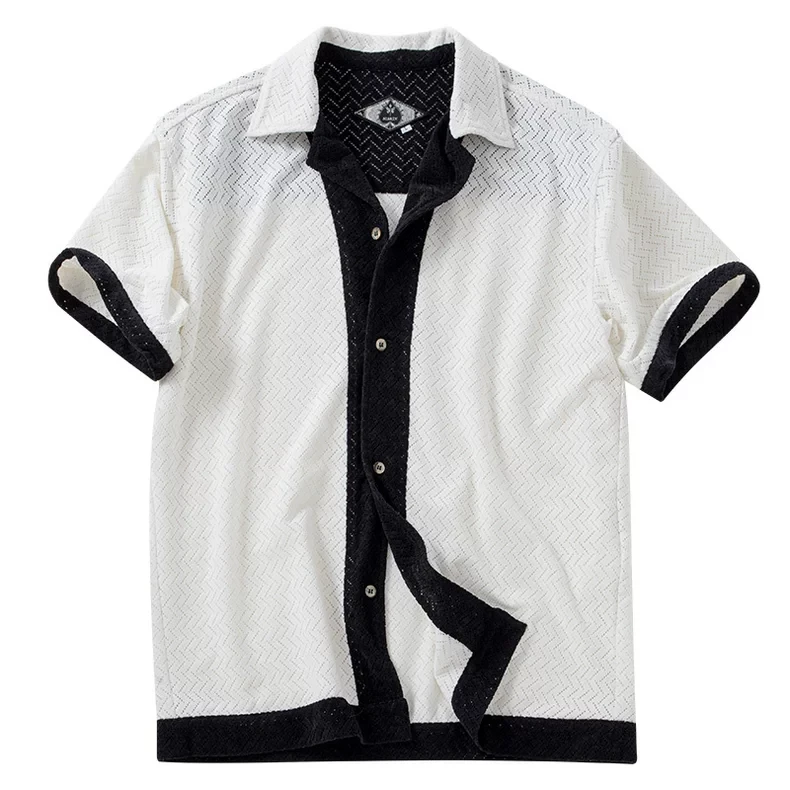 SOARIN意式复古镂空针织衬衫男人字纹拼接保龄球衫古巴领半袖衬衣