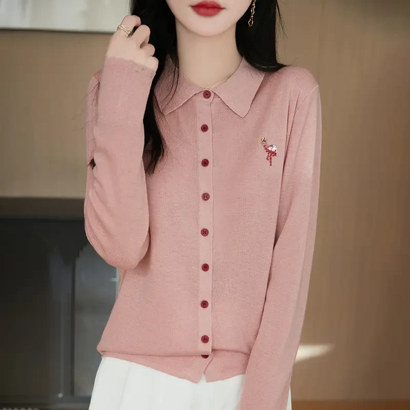 高级感减龄针织开衫女春季新款简约大气翻领显瘦开衫