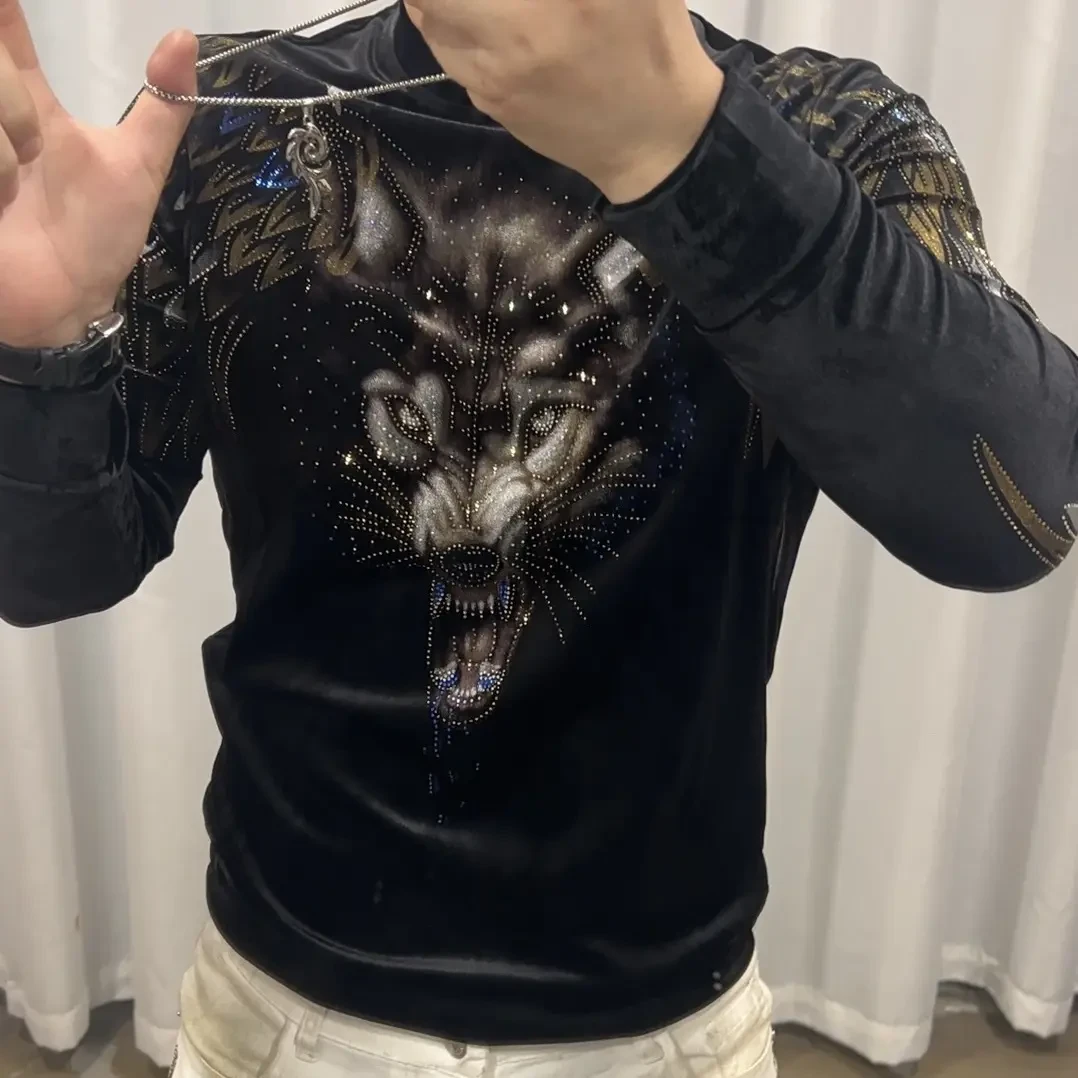 【高品质】秋冬欧货丝绒烫钻免烫长袖打底衫潮流修身时尚百搭8895