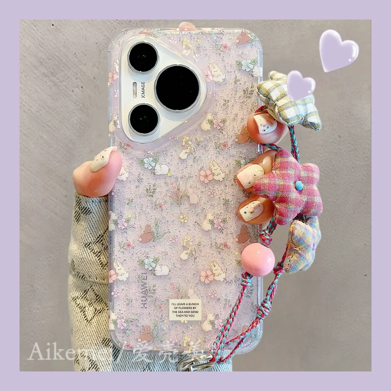 适用华为pura70pro+手机壳紫色闪粉小碎花mate70pro+白棕兔子链条