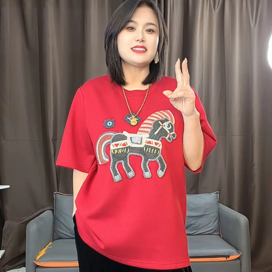 大码重工刺绣小马秋冬新款遮肉显瘦短袖上衣T恤17358