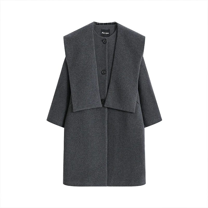 【Marc Moore】新品24秋冬灰色羊毛双面呢格纹披肩夹棉大衣女