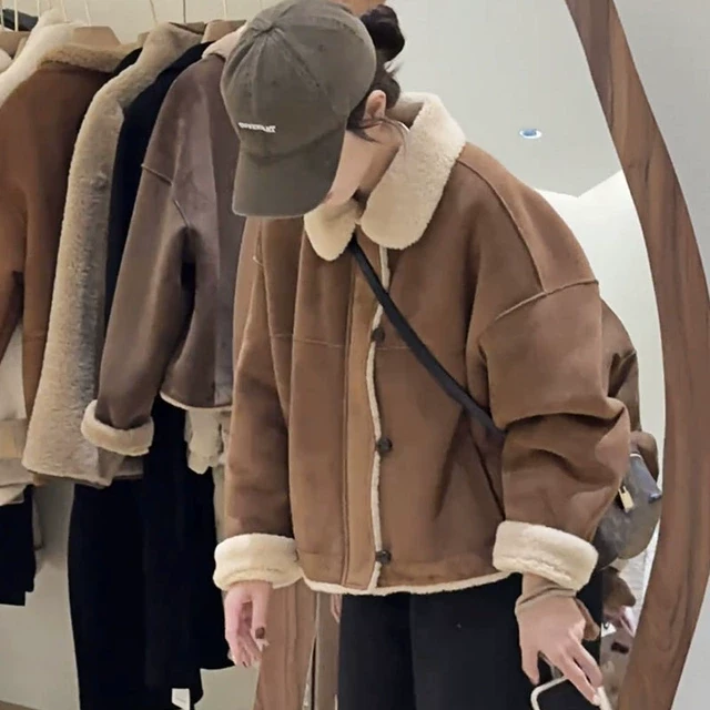 美式洋气加厚保暖毛毛翻领短外套2025秋冬新款棕色休闲百搭上衣女