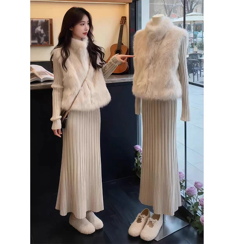 韩系毛绒保暖无袖马甲外套女2025秋冬季新款针织鱼尾半身裙两件套