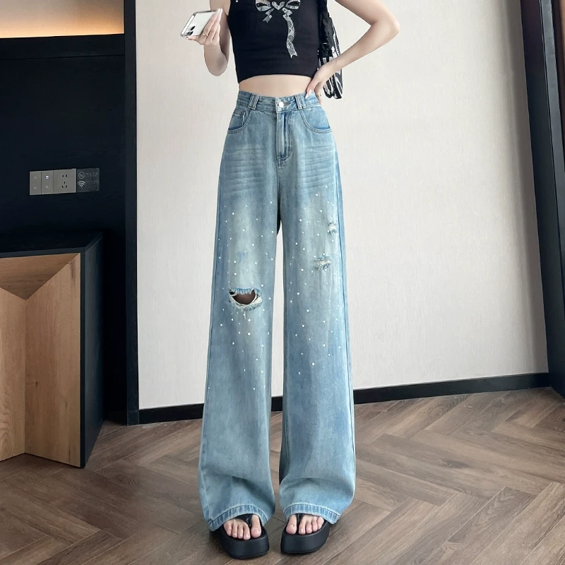 破洞款钉珠牛仔裤女2025夏季薄款直筒宽松设计感烫珠时髦法式裤子