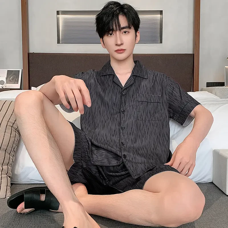 男士睡衣夏季冰丝绸短袖薄款夏天高级感时尚青年仿真丝家居服套装