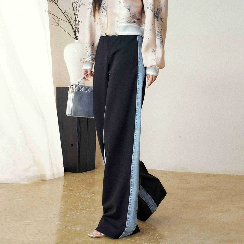 tanni新款休闲百搭设计感松紧腰显瘦宽松拼接阔腿裤TN11PA701A