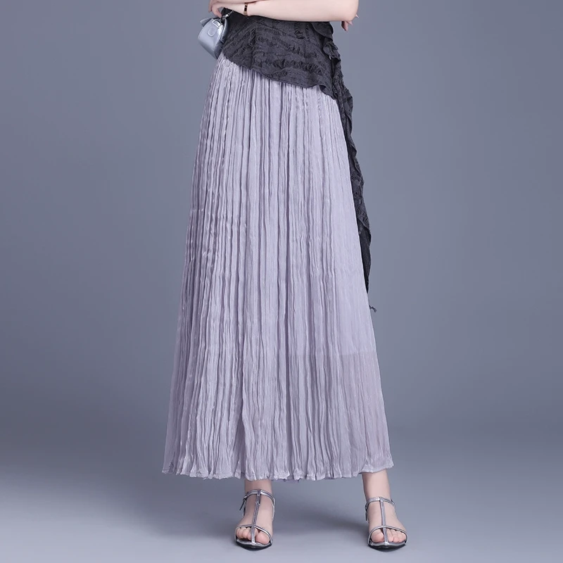 高级感褶皱长裙半身裙女夏季2025新款高腰气质显瘦a字裙大摆裙子