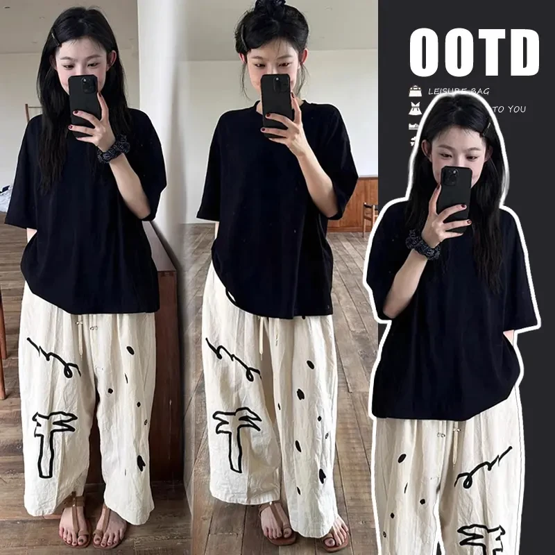 爆款夏季孕妇套装休闲宽松涂鸦设计百搭短袖上衣阔腿裤两件套夏装
