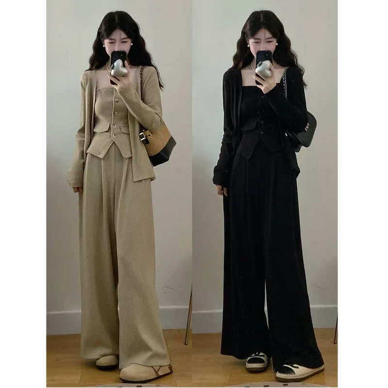 慵懒风气质抹胸上衣开衫阔腿长裤女装2025秋冬新款辣妹休闲三件套