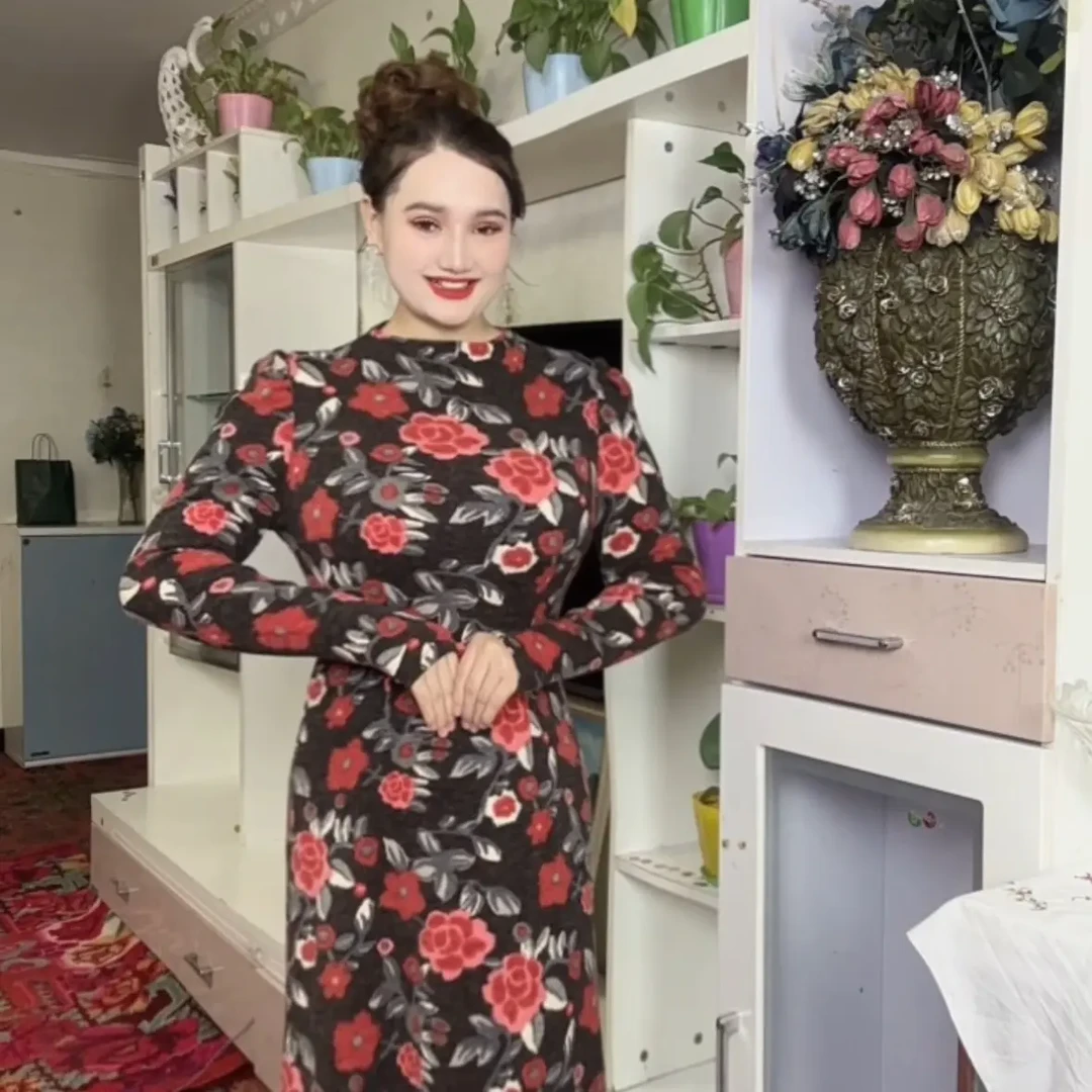 秋季复古网纱长袖气质修身显瘦印花连衣裙内含吊带女士时尚网红