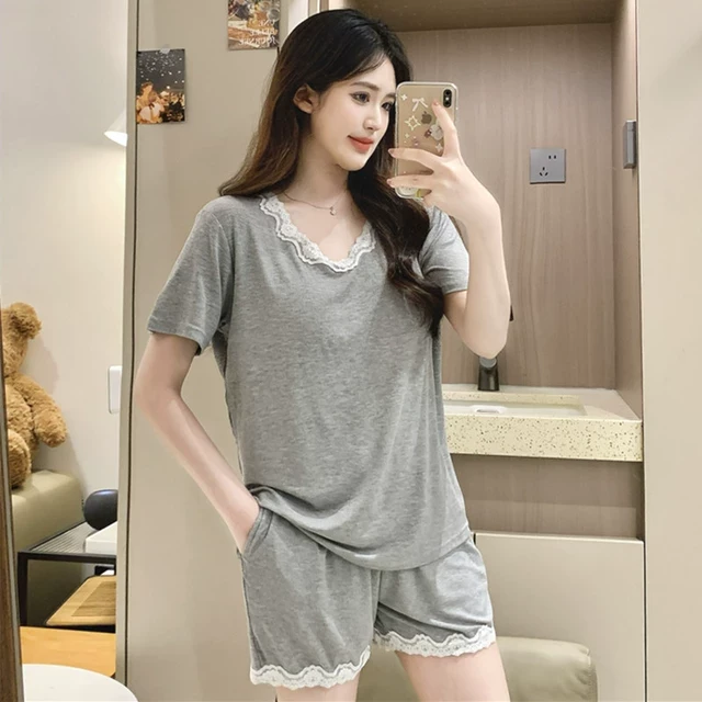 带胸垫睡衣女款夏季莫代尔2025新款可外穿蕾丝灰色短袖套装家居服