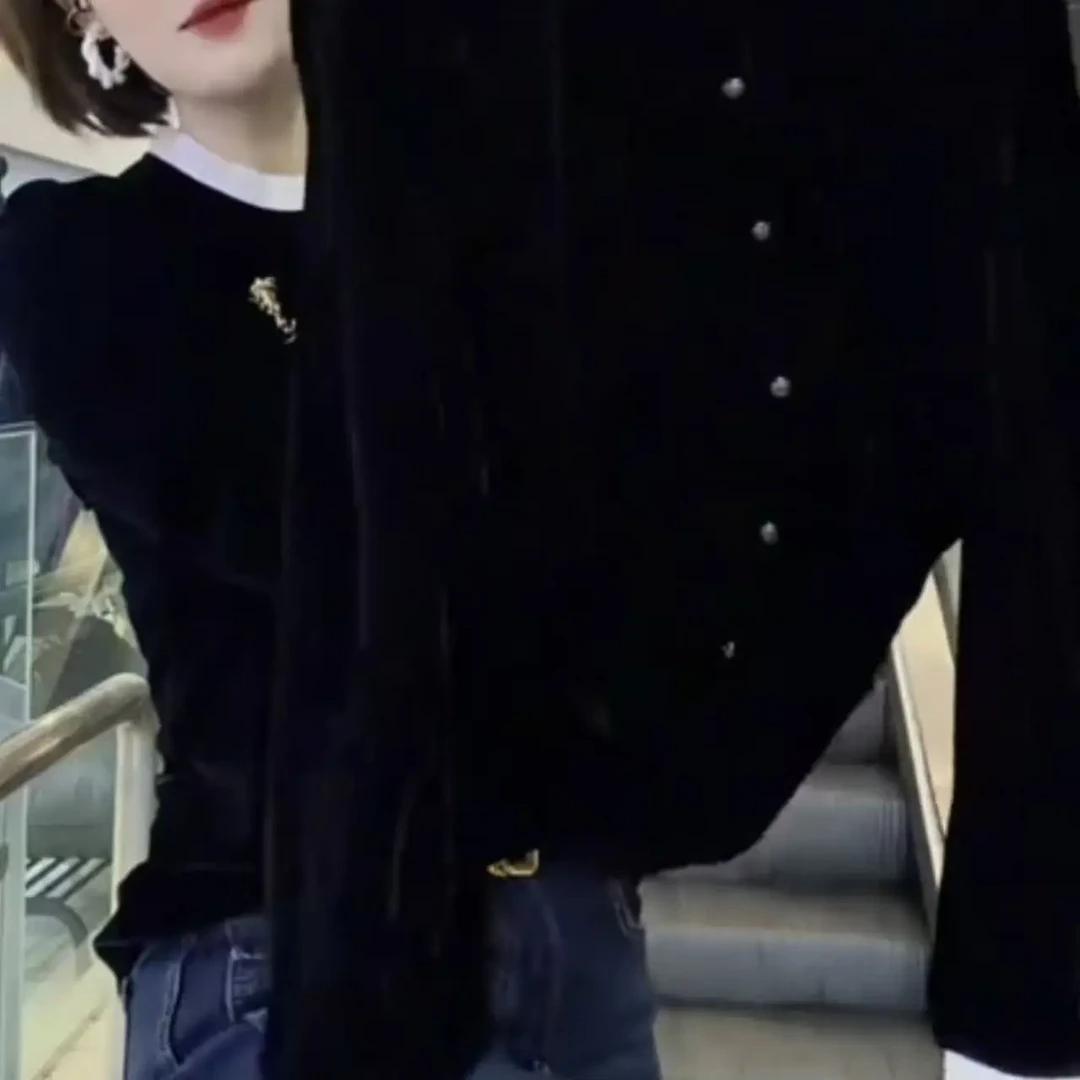 黑色圆领丝绒长袖衫女秋季新款简约气质宽松显瘦休闲上衣