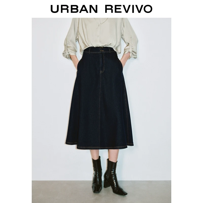 UR2025春季新款女装欧若风复古撞色明线双扣牛仔半裙UWG850054