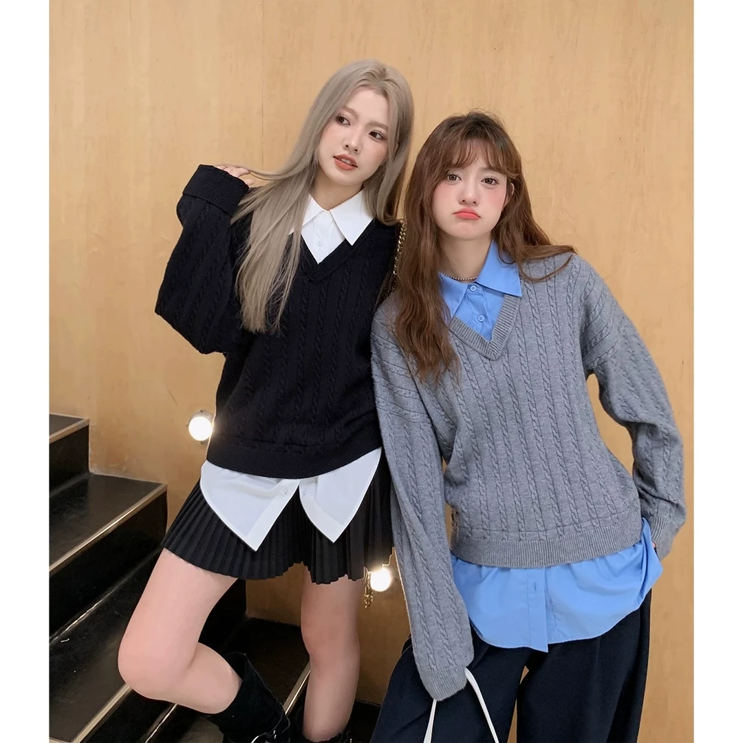 晶咕家微胖mm衬衫拼接针织假两件毛衣女秋冬大码宽松显瘦长袖上衣