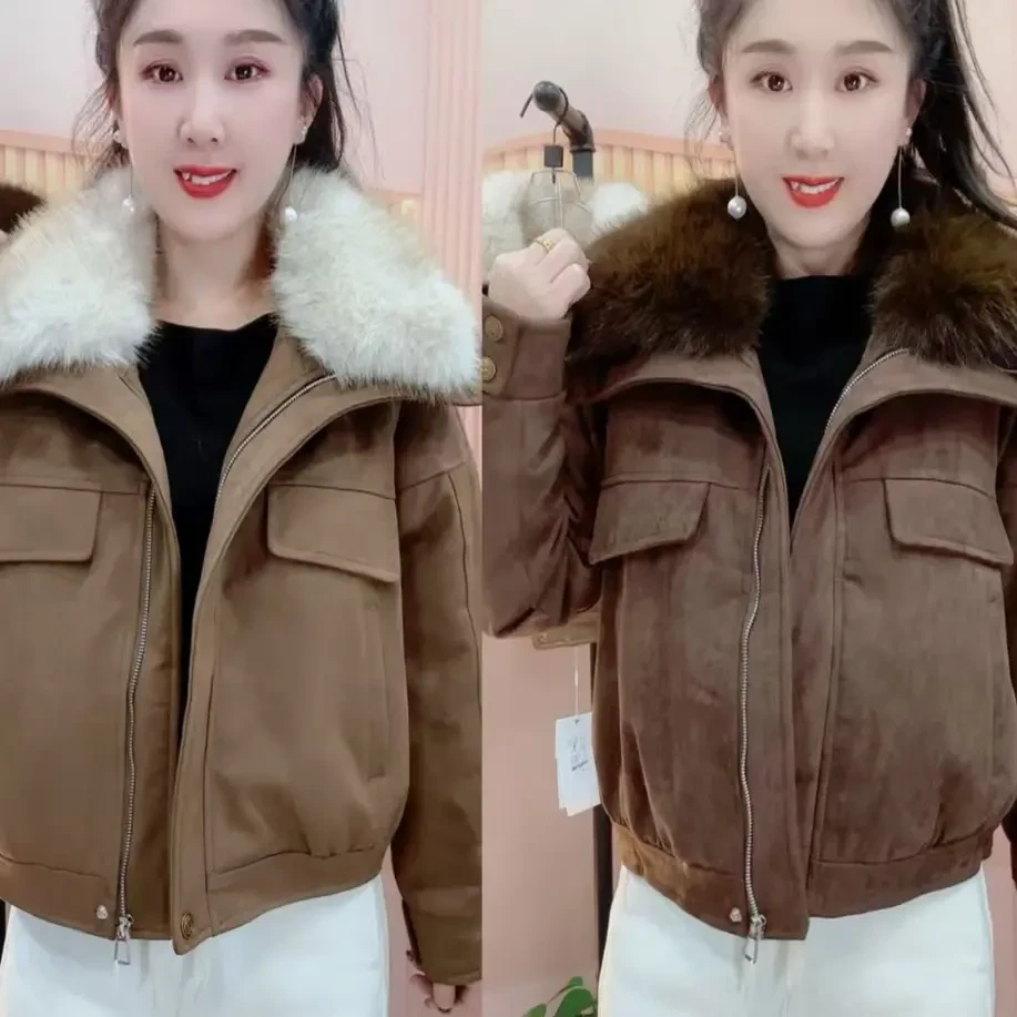 8652冬季新款毛领短款翻领宽松加厚保暖小个子保暖外套毛领可拆卸